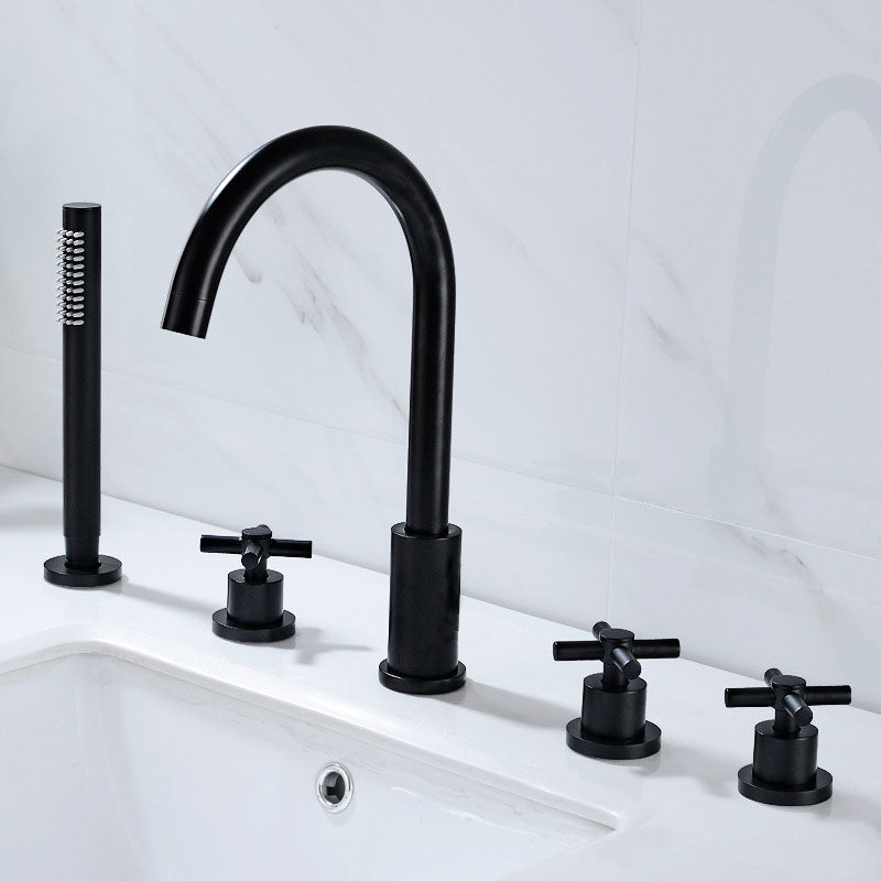 Industrial Roman Tub Faucet Trim High Arc Deck Mount Copper Bathtub Faucet Black 5 Hole Faucets Hand Shower Included Clearhalo 'Bathroom Remodel & Bathroom Fixtures' 'Bathtub Faucets' 'bathtub_faucets' 'Home Improvement' 'home_improvement' 'home_improvement_bathtub_faucets' 6952887