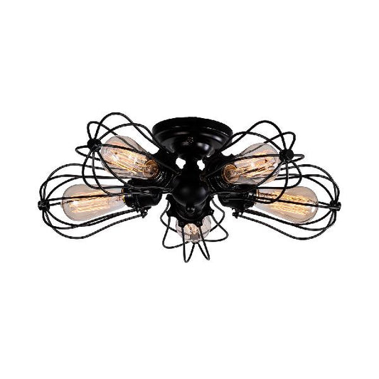 Bulb Shaped Iron Semi Flush Ceiling Light with Wire Guard Vintage Style 3/4/5 Lights Indoor Ceiling Light in Black/Silver 5 Black Clearhalo 'Ceiling Lights' 'Close To Ceiling Lights' 'Close to ceiling' 'Semi-flushmount' Lighting' 69616