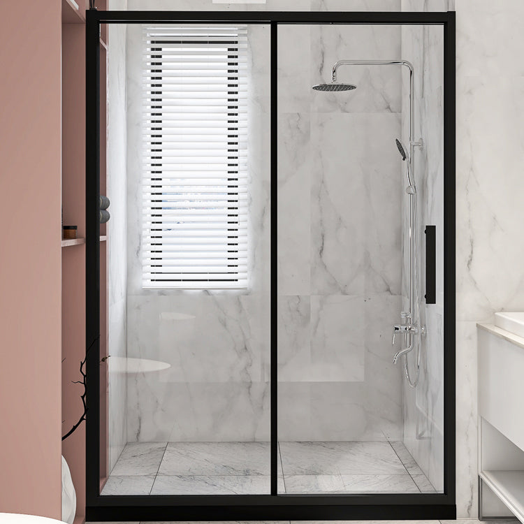 Modern Black Frame Shower Bath Door Transparent Single Sliding Shower Door Clearhalo 'Bathroom Remodel & Bathroom Fixtures' 'Home Improvement' 'home_improvement' 'home_improvement_shower_tub_doors' 'Shower and Tub Doors' 'shower_tub_doors' 'Showers & Bathtubs' 6968261