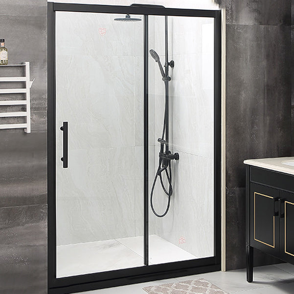 Modern Black Frame Shower Bath Door Transparent Single Sliding Shower Door Clearhalo 'Bathroom Remodel & Bathroom Fixtures' 'Home Improvement' 'home_improvement' 'home_improvement_shower_tub_doors' 'Shower and Tub Doors' 'shower_tub_doors' 'Showers & Bathtubs' 6968262