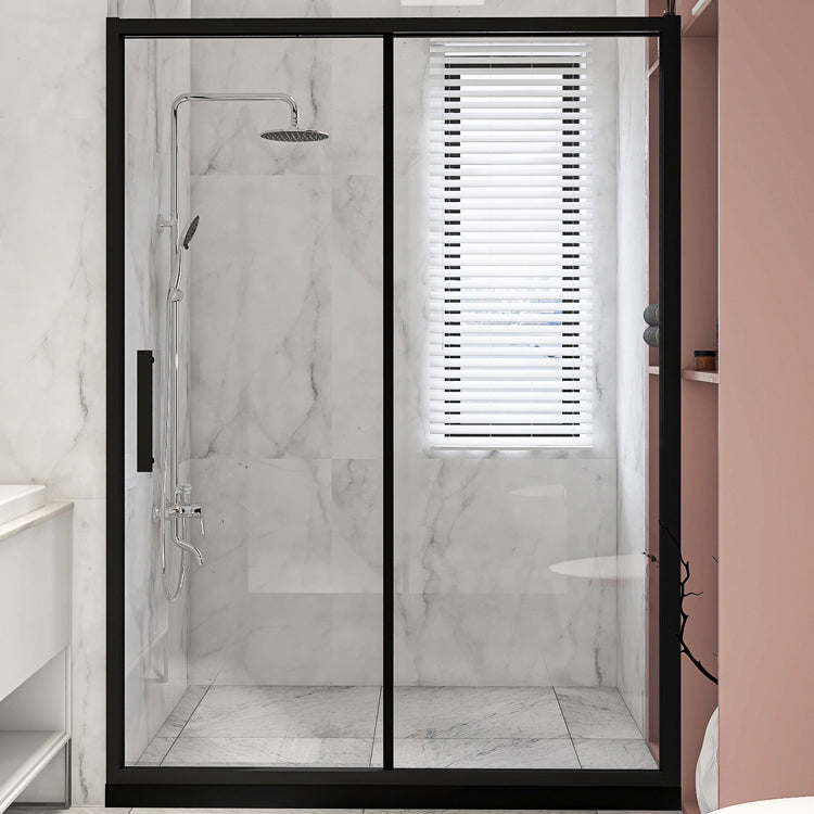 Modern Black Frame Shower Bath Door Transparent Single Sliding Shower Door Clearhalo 'Bathroom Remodel & Bathroom Fixtures' 'Home Improvement' 'home_improvement' 'home_improvement_shower_tub_doors' 'Shower and Tub Doors' 'shower_tub_doors' 'Showers & Bathtubs' 6968264