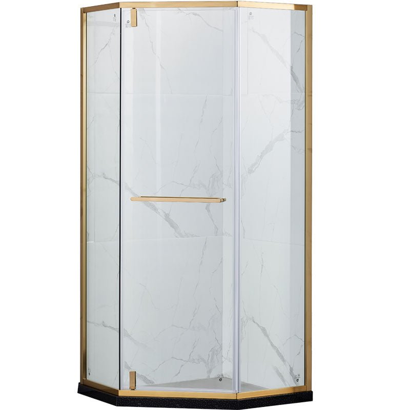 Pivot Tempered Glass Shower Door, Diamond Shape Stainless Steel Frame Shower Door Gold Left Clearhalo 'Bathroom Remodel & Bathroom Fixtures' 'Home Improvement' 'home_improvement' 'home_improvement_shower_tub_doors' 'Shower and Tub Doors' 'shower_tub_doors' 'Showers & Bathtubs' 6968536