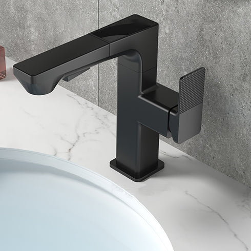 Modern Lever Handles Sink Faucet With Digital Display Square Brass Bathroom Sink Faucet Black Clearhalo 'Bathroom Remodel & Bathroom Fixtures' 'Bathroom Sink Faucets' 'Bathroom Sinks & Faucet Components' 'bathroom_sink_faucets' 'Home Improvement' 'home_improvement' 'home_improvement_bathroom_sink_faucets' 6976496