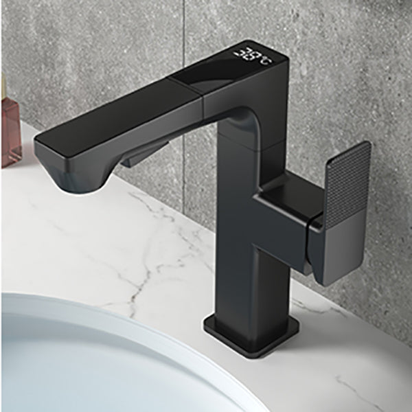 Modern Lever Handles Sink Faucet With Digital Display Square Brass Bathroom Sink Faucet Clearhalo 'Bathroom Remodel & Bathroom Fixtures' 'Bathroom Sink Faucets' 'Bathroom Sinks & Faucet Components' 'bathroom_sink_faucets' 'Home Improvement' 'home_improvement' 'home_improvement_bathroom_sink_faucets' 6976504