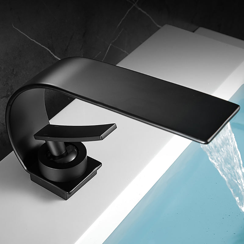 Waterfall Spout Widespread Lavatory Faucet Modern Metal Widespread Sink Faucet Black 5.1" Clearhalo 'Bathroom Remodel & Bathroom Fixtures' 'Bathroom Sink Faucets' 'Bathroom Sinks & Faucet Components' 'bathroom_sink_faucets' 'Home Improvement' 'home_improvement' 'home_improvement_bathroom_sink_faucets' 6976539