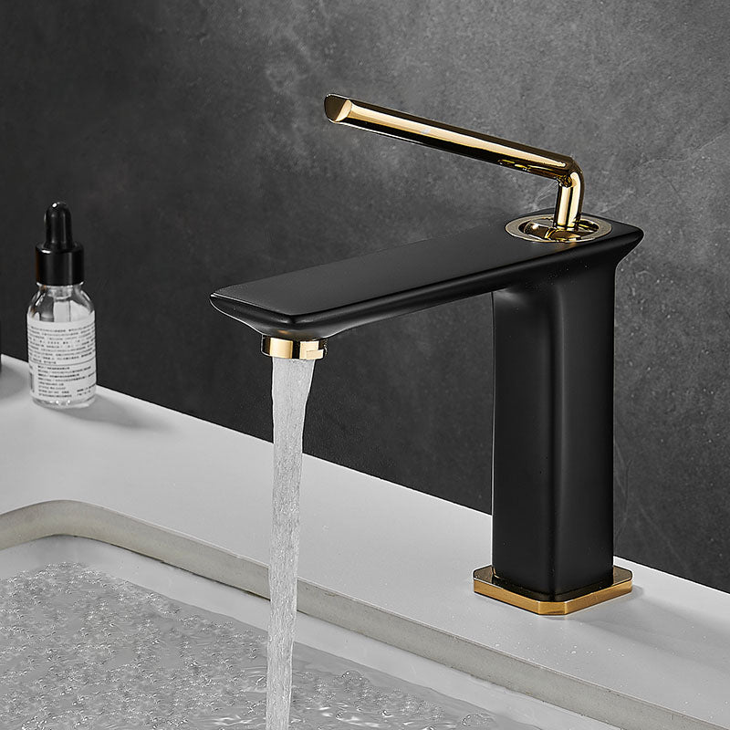 Modern Basin Lavatory Faucet Single Handle Low Arc Bathroom Faucet Black-Gold 7.1" Clearhalo 'Bathroom Remodel & Bathroom Fixtures' 'Bathroom Sink Faucets' 'Bathroom Sinks & Faucet Components' 'bathroom_sink_faucets' 'Home Improvement' 'home_improvement' 'home_improvement_bathroom_sink_faucets' 6977717