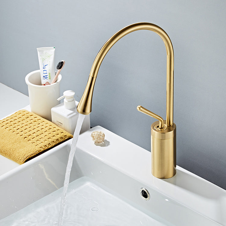 Gooseneck Sink Faucet Circular Lever Handles Brass Bathroom Sink Faucet Clearhalo 'Bathroom Remodel & Bathroom Fixtures' 'Bathroom Sink Faucets' 'Bathroom Sinks & Faucet Components' 'bathroom_sink_faucets' 'Home Improvement' 'home_improvement' 'home_improvement_bathroom_sink_faucets' 6977828