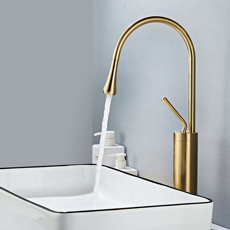 Gooseneck Sink Faucet Circular Lever Handles Brass Bathroom Sink Faucet Gold Tall Clearhalo 'Bathroom Remodel & Bathroom Fixtures' 'Bathroom Sink Faucets' 'Bathroom Sinks & Faucet Components' 'bathroom_sink_faucets' 'Home Improvement' 'home_improvement' 'home_improvement_bathroom_sink_faucets' 6977835