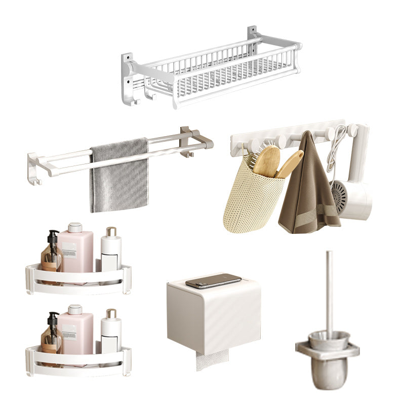 Modern Style Bathroom Accessory Set with Bath Shelf/Towel Bar/Toilet Brush in White 7-Piece Set Clearhalo 'Bathroom Hardware Sets' 'Bathroom Hardware' 'Bathroom Remodel & Bathroom Fixtures' 'bathroom_hardware_sets' 'Home Improvement' 'home_improvement' 'home_improvement_bathroom_hardware_sets' 6996967