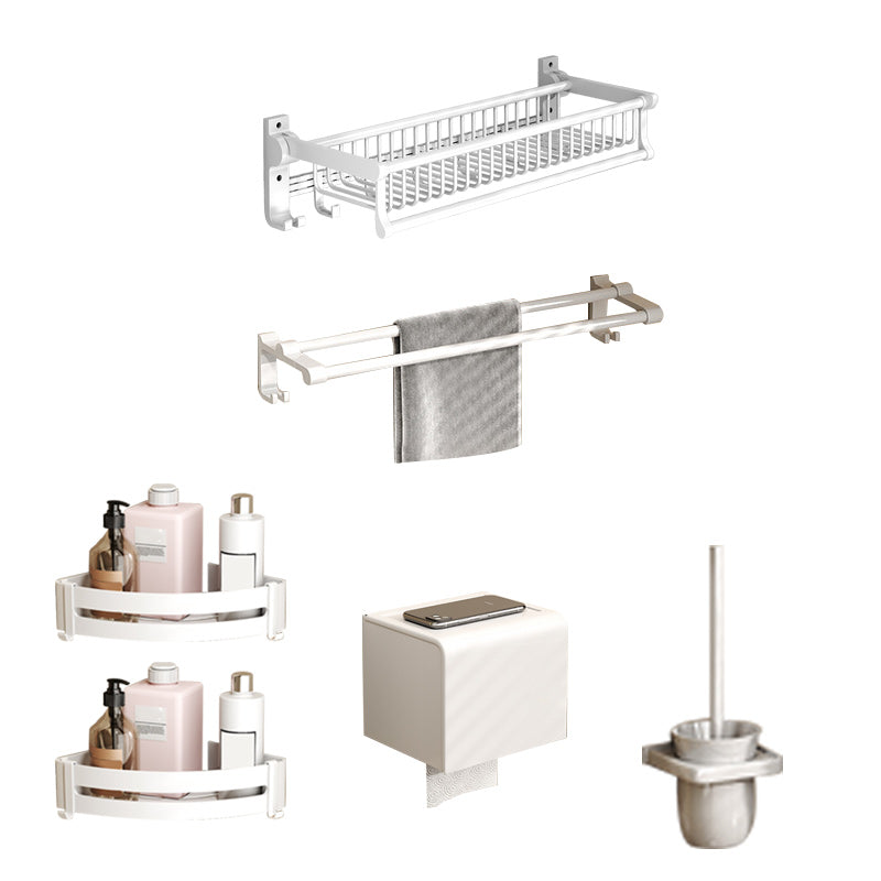 Modern Style Bathroom Accessory Set with Bath Shelf/Towel Bar/Toilet Brush in White 6-Piece Set Clearhalo 'Bathroom Hardware Sets' 'Bathroom Hardware' 'Bathroom Remodel & Bathroom Fixtures' 'bathroom_hardware_sets' 'Home Improvement' 'home_improvement' 'home_improvement_bathroom_hardware_sets' 6996971