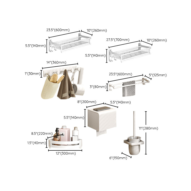 Modern Style Bathroom Accessory Set with Bath Shelf/Towel Bar/Toilet Brush in White Clearhalo 'Bathroom Hardware Sets' 'Bathroom Hardware' 'Bathroom Remodel & Bathroom Fixtures' 'bathroom_hardware_sets' 'Home Improvement' 'home_improvement' 'home_improvement_bathroom_hardware_sets' 6996978