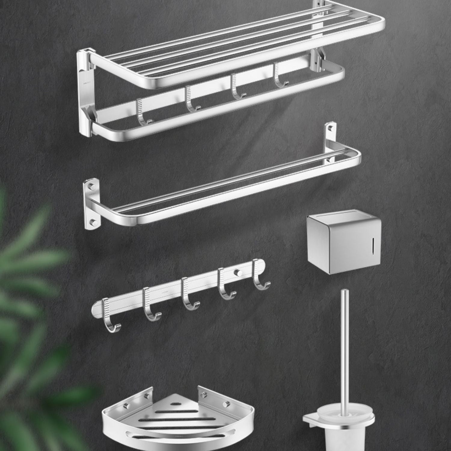 6-Piece Bathroom Hardware Set in Silver with Bath Shelf/Robe Hooks/Towel Bar Clearhalo 'Bathroom Hardware Sets' 'Bathroom Hardware' 'Bathroom Remodel & Bathroom Fixtures' 'bathroom_hardware_sets' 'Home Improvement' 'home_improvement' 'home_improvement_bathroom_hardware_sets' 6997044