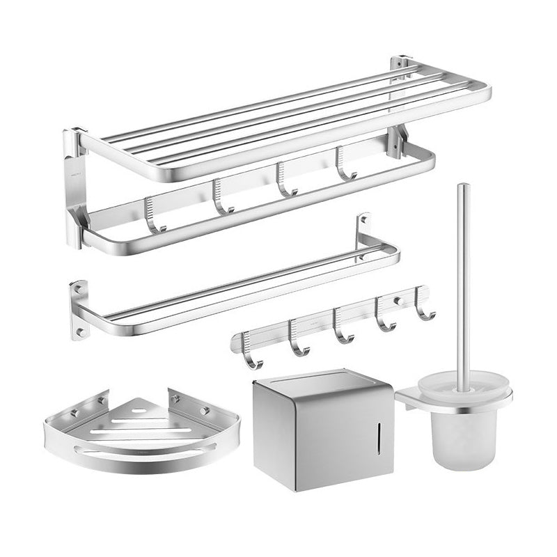 6-Piece Bathroom Hardware Set in Silver with Bath Shelf/Robe Hooks/Towel Bar 6-Piece Set Clearhalo 'Bathroom Hardware Sets' 'Bathroom Hardware' 'Bathroom Remodel & Bathroom Fixtures' 'bathroom_hardware_sets' 'Home Improvement' 'home_improvement' 'home_improvement_bathroom_hardware_sets' 6997045