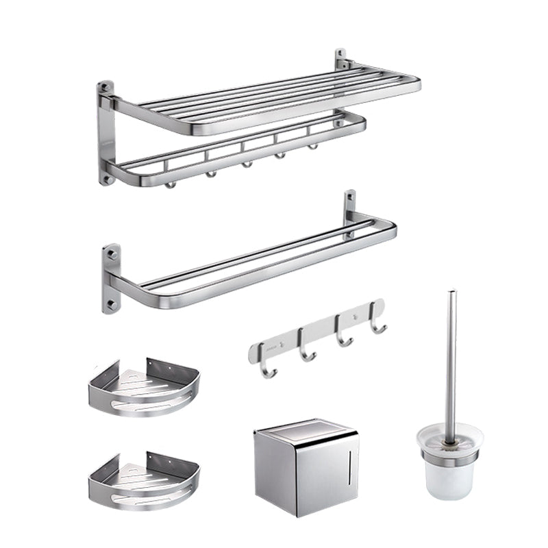 Contemporary Bathroom Hardware Set Towel Bar/Bath Shelf & Paper Holder Included Silver 7-Piece Set Clearhalo 'Bathroom Hardware Sets' 'Bathroom Hardware' 'Bathroom Remodel & Bathroom Fixtures' 'bathroom_hardware_sets' 'Home Improvement' 'home_improvement' 'home_improvement_bathroom_hardware_sets' 6997058