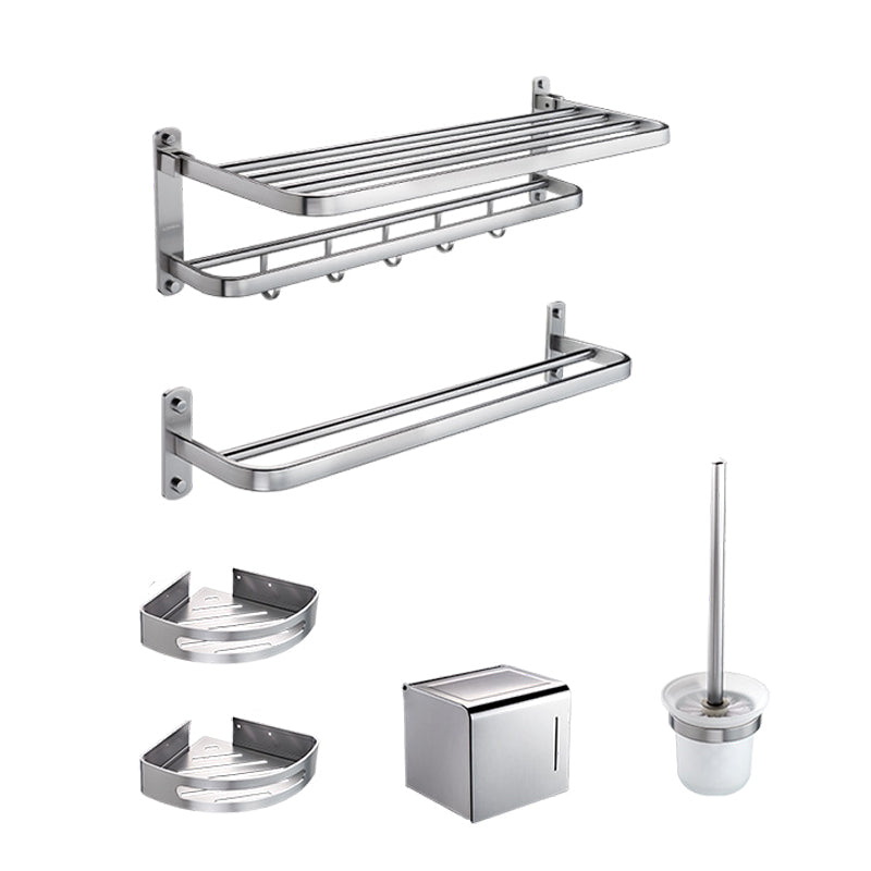 Contemporary Bathroom Hardware Set Towel Bar/Bath Shelf & Paper Holder Included Silver 6-Piece Set Clearhalo 'Bathroom Hardware Sets' 'Bathroom Hardware' 'Bathroom Remodel & Bathroom Fixtures' 'bathroom_hardware_sets' 'Home Improvement' 'home_improvement' 'home_improvement_bathroom_hardware_sets' 6997060