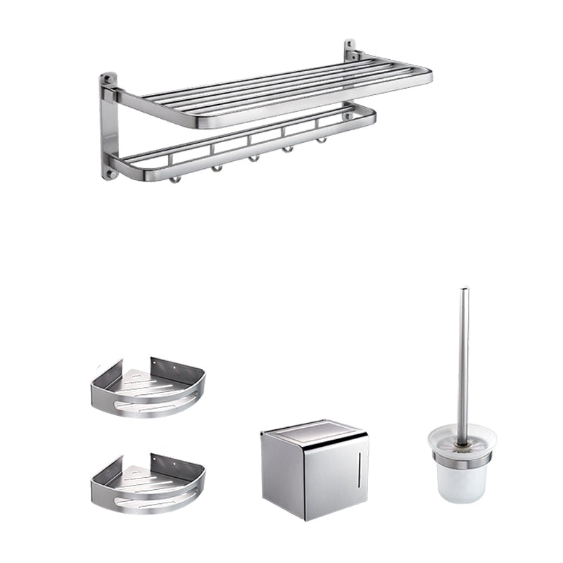 Contemporary Bathroom Hardware Set Towel Bar/Bath Shelf & Paper Holder Included Silver 5 piece Set Clearhalo 'Bathroom Hardware Sets' 'Bathroom Hardware' 'Bathroom Remodel & Bathroom Fixtures' 'bathroom_hardware_sets' 'Home Improvement' 'home_improvement' 'home_improvement_bathroom_hardware_sets' 6997062