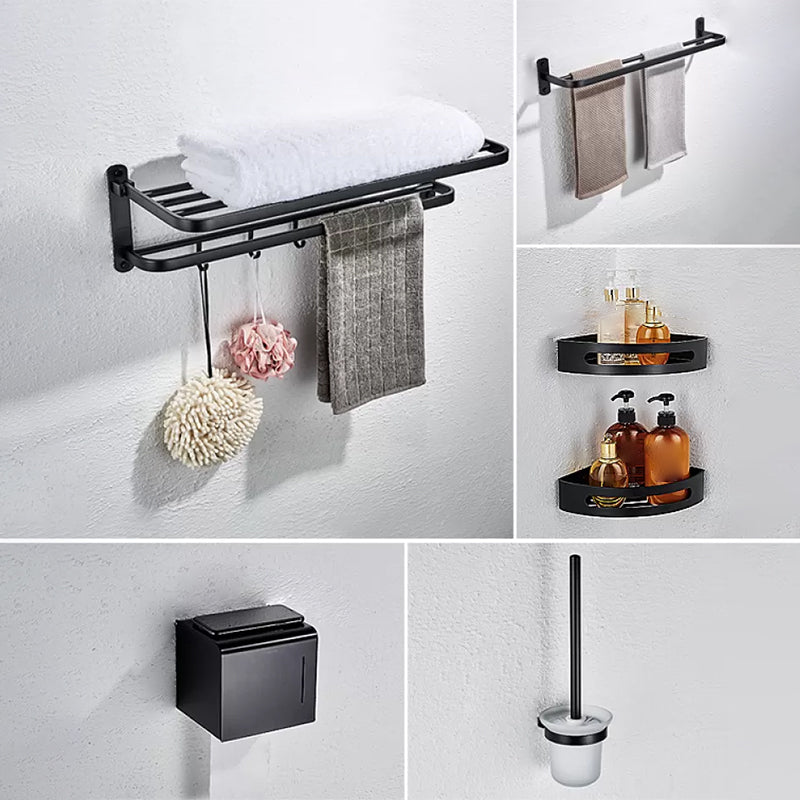 Modern Bathroom Accessory Set with Bathe Shelf/Robe Hooks/Towel Bar in Aluminum Black 6-Piece Set Clearhalo 'Bathroom Hardware Sets' 'Bathroom Hardware' 'Bathroom Remodel & Bathroom Fixtures' 'bathroom_hardware_sets' 'Home Improvement' 'home_improvement' 'home_improvement_bathroom_hardware_sets' 6997075