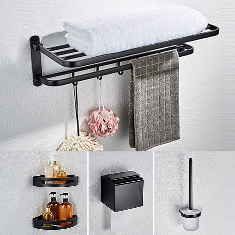 Modern Bathroom Accessory Set with Bathe Shelf/Robe Hooks/Towel Bar in Aluminum Black 5 piece Set Clearhalo 'Bathroom Hardware Sets' 'Bathroom Hardware' 'Bathroom Remodel & Bathroom Fixtures' 'bathroom_hardware_sets' 'Home Improvement' 'home_improvement' 'home_improvement_bathroom_hardware_sets' 6997077