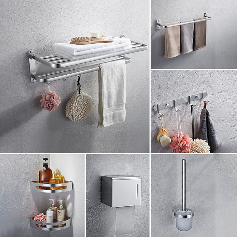 Modern Bathroom Accessory Set with Bathe Shelf/Robe Hooks/Towel Bar in Aluminum Silver 7-Piece Set Clearhalo 'Bathroom Hardware Sets' 'Bathroom Hardware' 'Bathroom Remodel & Bathroom Fixtures' 'bathroom_hardware_sets' 'Home Improvement' 'home_improvement' 'home_improvement_bathroom_hardware_sets' 6997079