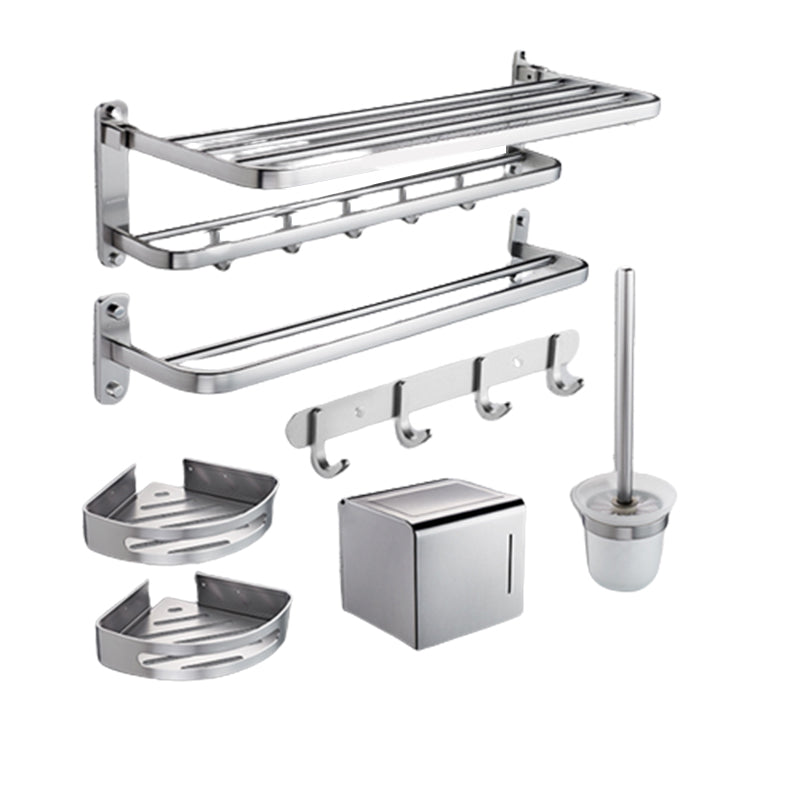 Modern Bathroom Accessory Set with Bathe Shelf/Robe Hooks/Towel Bar in Aluminum Clearhalo 'Bathroom Hardware Sets' 'Bathroom Hardware' 'Bathroom Remodel & Bathroom Fixtures' 'bathroom_hardware_sets' 'Home Improvement' 'home_improvement' 'home_improvement_bathroom_hardware_sets' 6997080