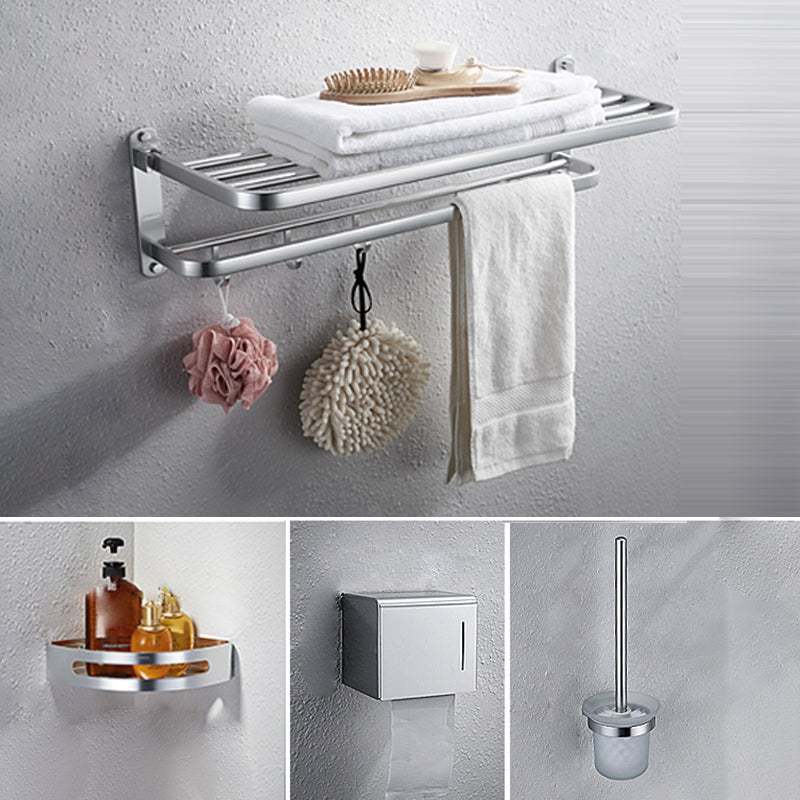 Modern Bathroom Accessory Set with Bathe Shelf/Robe Hooks/Towel Bar in Aluminum Silver 4-Piece Set Clearhalo 'Bathroom Hardware Sets' 'Bathroom Hardware' 'Bathroom Remodel & Bathroom Fixtures' 'bathroom_hardware_sets' 'Home Improvement' 'home_improvement' 'home_improvement_bathroom_hardware_sets' 6997081