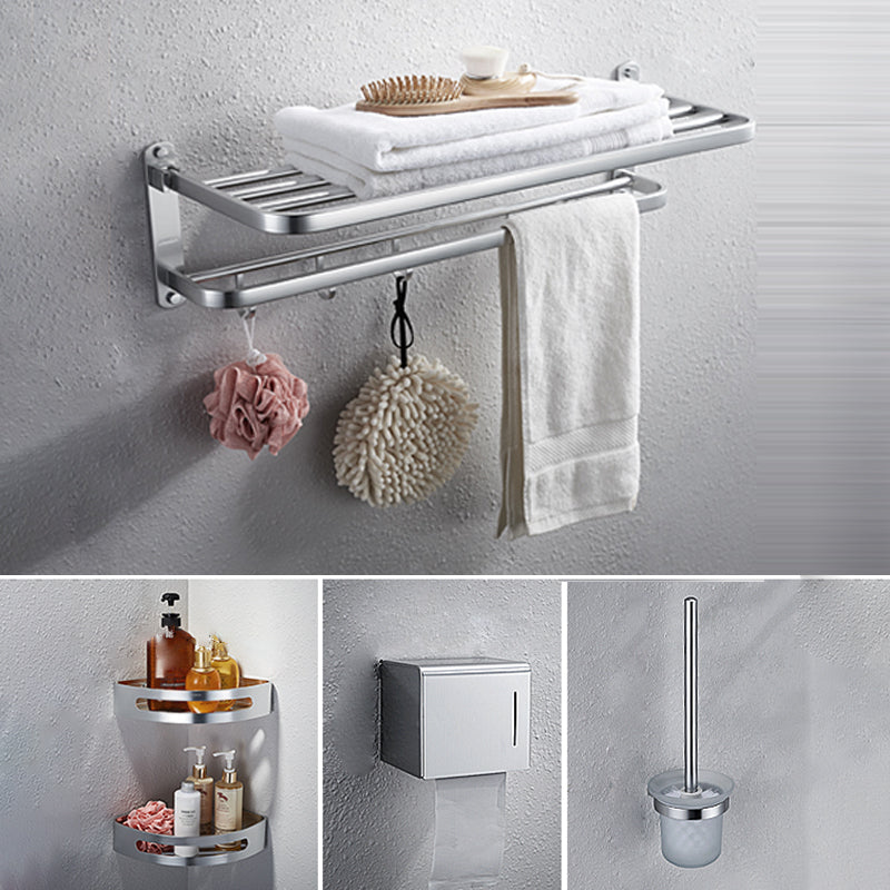 Modern Bathroom Accessory Set with Bathe Shelf/Robe Hooks/Towel Bar in Aluminum Silver 5 piece Set Clearhalo 'Bathroom Hardware Sets' 'Bathroom Hardware' 'Bathroom Remodel & Bathroom Fixtures' 'bathroom_hardware_sets' 'Home Improvement' 'home_improvement' 'home_improvement_bathroom_hardware_sets' 6997083