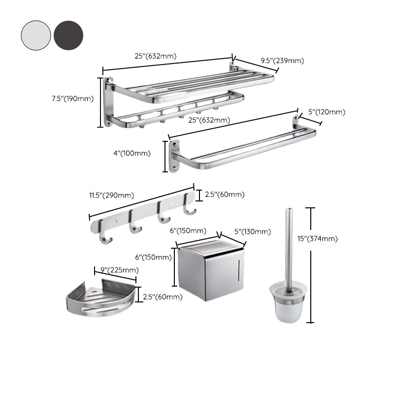 Modern Bathroom Accessory Set with Bathe Shelf/Robe Hooks/Towel Bar in Aluminum Clearhalo 'Bathroom Hardware Sets' 'Bathroom Hardware' 'Bathroom Remodel & Bathroom Fixtures' 'bathroom_hardware_sets' 'Home Improvement' 'home_improvement' 'home_improvement_bathroom_hardware_sets' 6997088