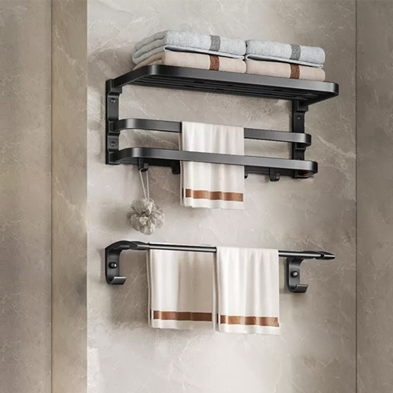 Aluminum Modern 7-Piece Bathroom Accessory Set Black Bathroom Hardware Double Ring Towel Rack with Towel Bar Clearhalo 'Bathroom Hardware Sets' 'Bathroom Hardware' 'Bathroom Remodel & Bathroom Fixtures' 'bathroom_hardware_sets' 'Home Improvement' 'home_improvement' 'home_improvement_bathroom_hardware_sets' 6997167