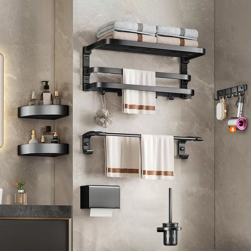 Aluminum Modern 7-Piece Bathroom Accessory Set Black Bathroom Hardware Double Ring 7-Piece Set Clearhalo 'Bathroom Hardware Sets' 'Bathroom Hardware' 'Bathroom Remodel & Bathroom Fixtures' 'bathroom_hardware_sets' 'Home Improvement' 'home_improvement' 'home_improvement_bathroom_hardware_sets' 6997172