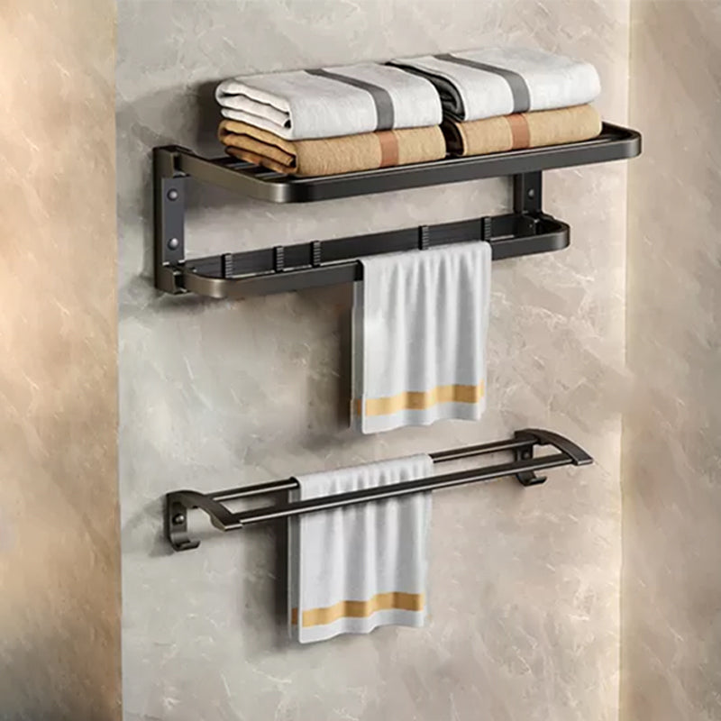 Aluminum Modern 7-Piece Bathroom Accessory Set Black Bathroom Hardware Folding Towel Rack with Towel Bar Clearhalo 'Bathroom Hardware Sets' 'Bathroom Hardware' 'Bathroom Remodel & Bathroom Fixtures' 'bathroom_hardware_sets' 'Home Improvement' 'home_improvement' 'home_improvement_bathroom_hardware_sets' 6997181