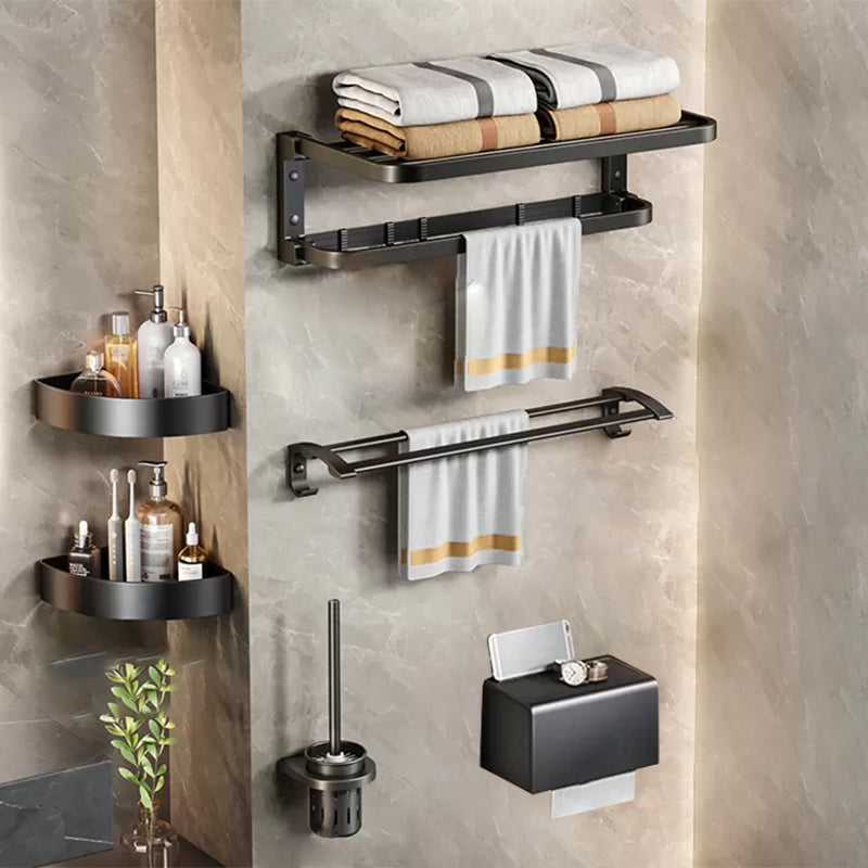 Aluminum Modern 7-Piece Bathroom Accessory Set Black Bathroom Hardware Folding 6-Piece Set Clearhalo 'Bathroom Hardware Sets' 'Bathroom Hardware' 'Bathroom Remodel & Bathroom Fixtures' 'bathroom_hardware_sets' 'Home Improvement' 'home_improvement' 'home_improvement_bathroom_hardware_sets' 6997184