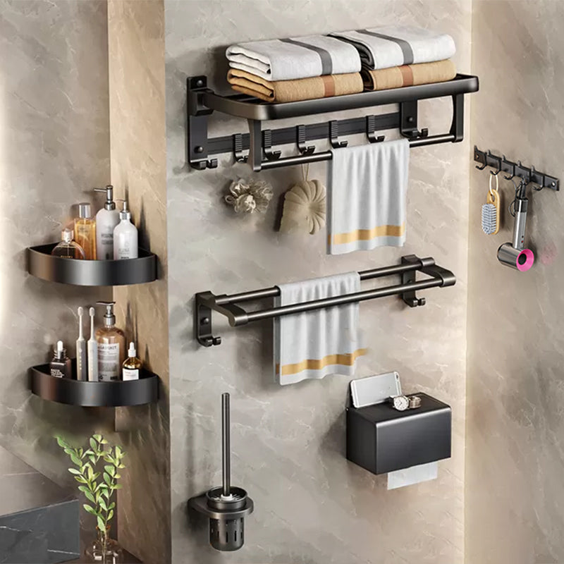 Aluminum Modern 7-Piece Bathroom Accessory Set Black Bathroom Hardware Thickened Fund 7-Piece Set (Toilet Paper Holder) Clearhalo 'Bathroom Hardware Sets' 'Bathroom Hardware' 'Bathroom Remodel & Bathroom Fixtures' 'bathroom_hardware_sets' 'Home Improvement' 'home_improvement' 'home_improvement_bathroom_hardware_sets' 6997190