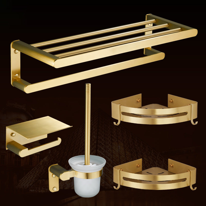 Traditional Bathroom Accessories Hardware Set Gold Bathroom Accessory Kit 5-Piece Set (Triangle Bath Shelf) Clearhalo 'Bathroom Hardware Sets' 'Bathroom Hardware' 'Bathroom Remodel & Bathroom Fixtures' 'bathroom_hardware_sets' 'Home Improvement' 'home_improvement' 'home_improvement_bathroom_hardware_sets' 6997333