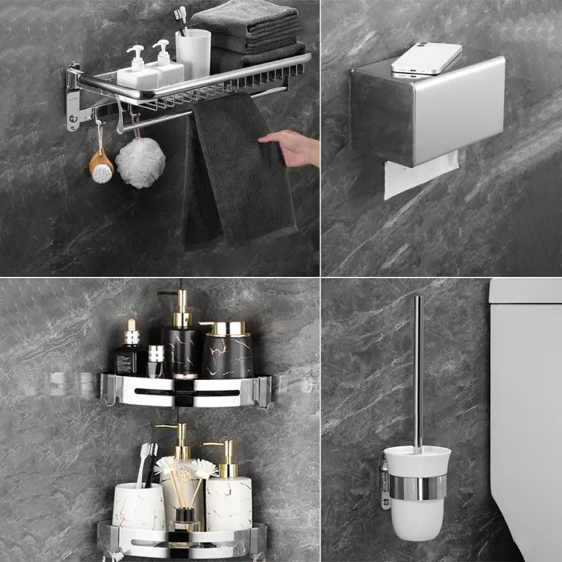 Modern Bathroom Accessory Set Silver Bathroom Accessories Hardware Set Mesh Basket 5-Piece Set Clearhalo 'Bathroom Hardware Sets' 'Bathroom Hardware' 'Bathroom Remodel & Bathroom Fixtures' 'bathroom_hardware_sets' 'Home Improvement' 'home_improvement' 'home_improvement_bathroom_hardware_sets' 6997566