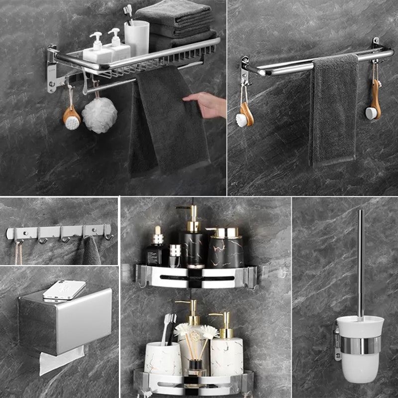 Modern Bathroom Accessory Set Silver Bathroom Accessories Hardware Set Mesh Basket 7-Piece Set Clearhalo 'Bathroom Hardware Sets' 'Bathroom Hardware' 'Bathroom Remodel & Bathroom Fixtures' 'bathroom_hardware_sets' 'Home Improvement' 'home_improvement' 'home_improvement_bathroom_hardware_sets' 6997568