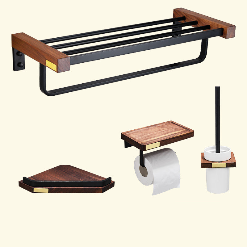 Metal Bathroom Accessory Set Walnut Brown Bathroom Hardware Set 4-Piece Set (Single Deck Shelf) Clearhalo 'Bathroom Hardware Sets' 'Bathroom Hardware' 'Bathroom Remodel & Bathroom Fixtures' 'bathroom_hardware_sets' 'Home Improvement' 'home_improvement' 'home_improvement_bathroom_hardware_sets' 6997597