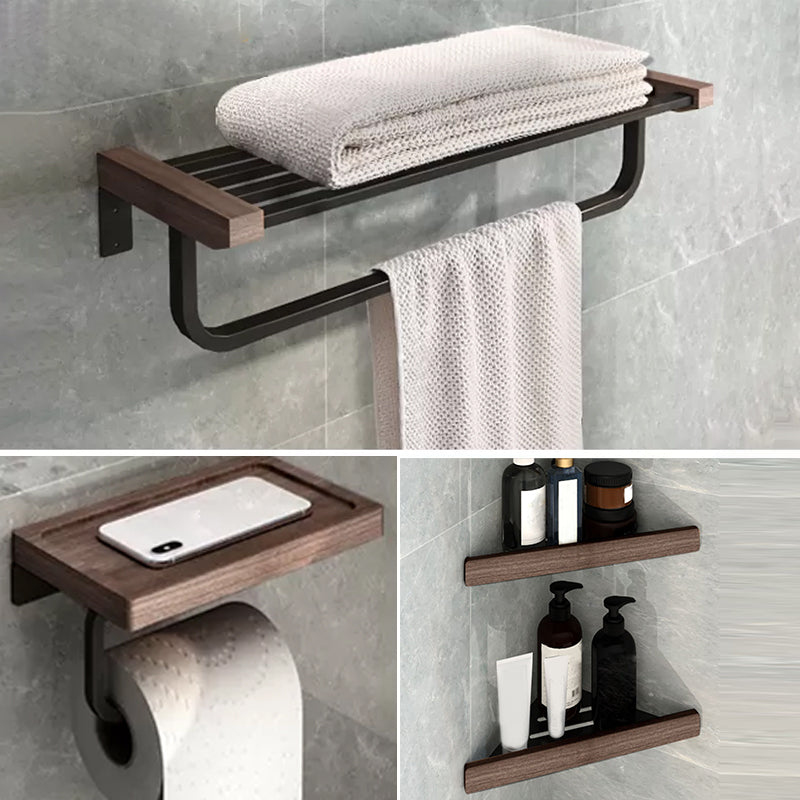 7-Piece Bathroom Accessory Set Metal Bathroom Set with Wood Accents 4-Piece Set (Toilet Paper Holder) Clearhalo 'Bathroom Hardware Sets' 'Bathroom Hardware' 'Bathroom Remodel & Bathroom Fixtures' 'bathroom_hardware_sets' 'Home Improvement' 'home_improvement' 'home_improvement_bathroom_hardware_sets' 6997777