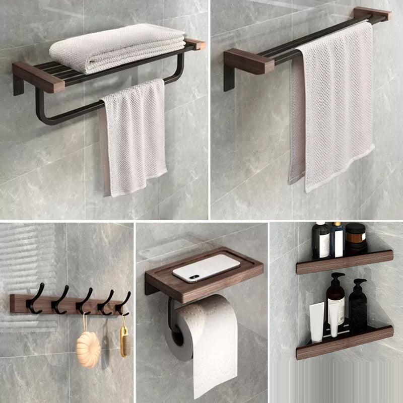 7-Piece Bathroom Accessory Set Metal Bathroom Set with Wood Accents 6-Piece Set (Row Hook) Clearhalo 'Bathroom Hardware Sets' 'Bathroom Hardware' 'Bathroom Remodel & Bathroom Fixtures' 'bathroom_hardware_sets' 'Home Improvement' 'home_improvement' 'home_improvement_bathroom_hardware_sets' 6997779