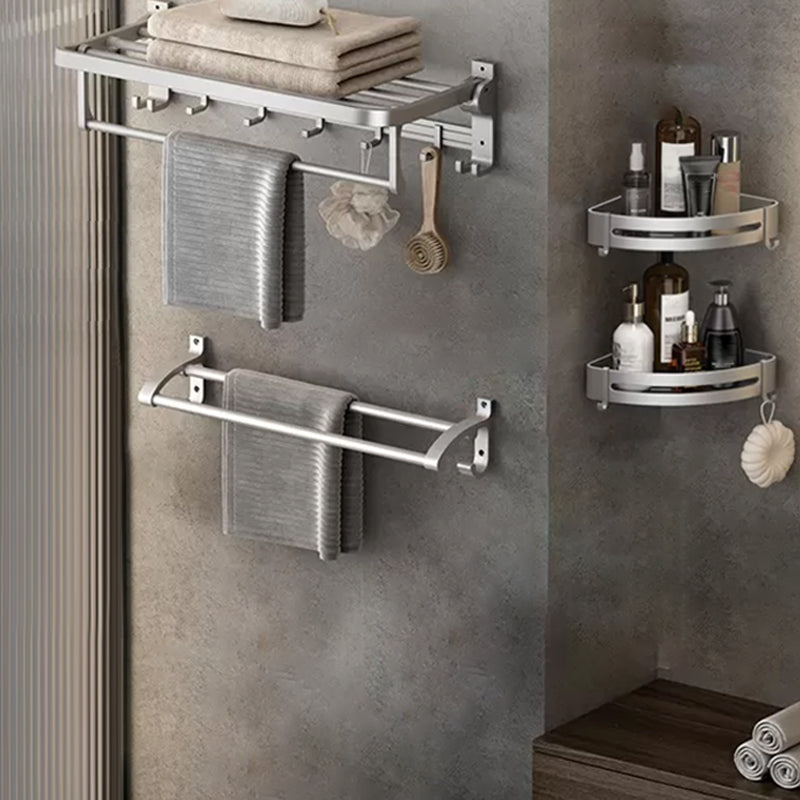 Contemporary Silver Metal Bath Hardware Set with Triangle Bath Shelf 4-Piece Set (Towel Bar) Clearhalo 'Bathroom Hardware Sets' 'Bathroom Hardware' 'Bathroom Remodel & Bathroom Fixtures' 'bathroom_hardware_sets' 'Home Improvement' 'home_improvement' 'home_improvement_bathroom_hardware_sets' 6997879