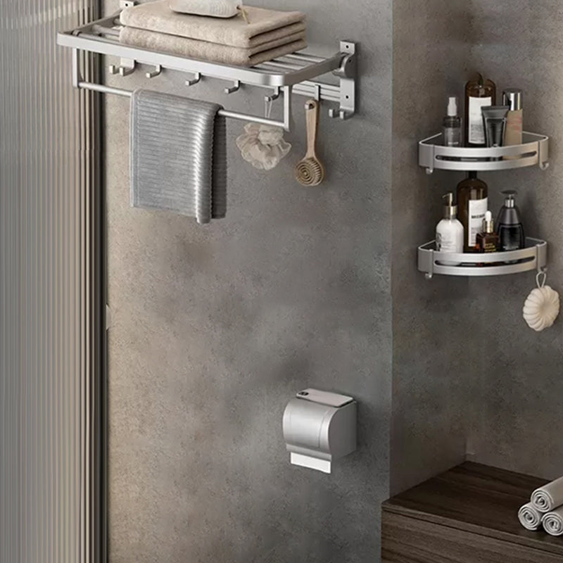 Contemporary Silver Metal Bath Hardware Set with Triangle Bath Shelf 4-Piece Set (Toilet Paper Holder) Clearhalo 'Bathroom Hardware Sets' 'Bathroom Hardware' 'Bathroom Remodel & Bathroom Fixtures' 'bathroom_hardware_sets' 'Home Improvement' 'home_improvement' 'home_improvement_bathroom_hardware_sets' 6997880