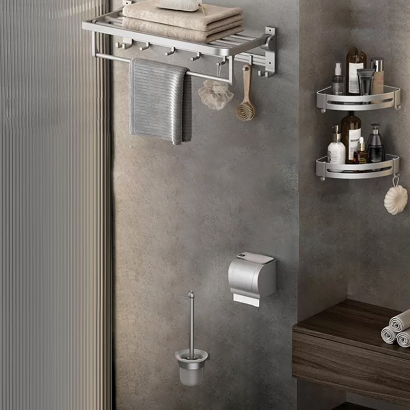 Contemporary Silver Metal Bath Hardware Set with Triangle Bath Shelf 5 piece Set Clearhalo 'Bathroom Hardware Sets' 'Bathroom Hardware' 'Bathroom Remodel & Bathroom Fixtures' 'bathroom_hardware_sets' 'Home Improvement' 'home_improvement' 'home_improvement_bathroom_hardware_sets' 6997886