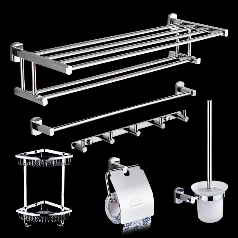 Contemporary Bathroom Accessories Hardware Set In Silver Metal 6-Piece Set (Triangular Bath Shelf) Clearhalo 'Bathroom Hardware Sets' 'Bathroom Hardware' 'Bathroom Remodel & Bathroom Fixtures' 'bathroom_hardware_sets' 'Home Improvement' 'home_improvement' 'home_improvement_bathroom_hardware_sets' 6997961