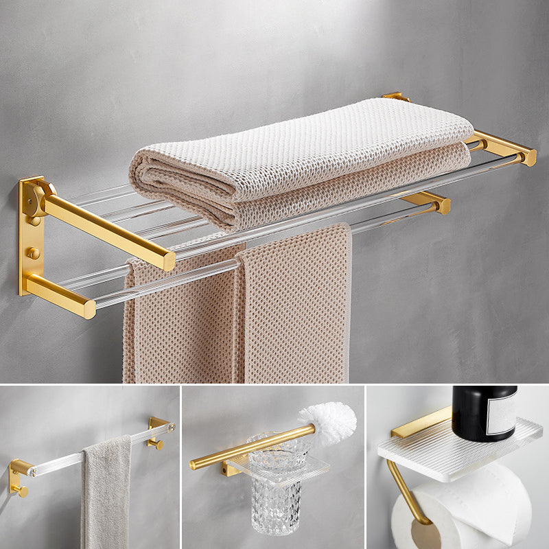 Bathroom Accessory Set in Gold Metal and Acrylic Bath Hardware Set 4-Piece Set (Towel Bar) Clearhalo 'Bathroom Hardware Sets' 'Bathroom Hardware' 'Bathroom Remodel & Bathroom Fixtures' 'bathroom_hardware_sets' 'Home Improvement' 'home_improvement' 'home_improvement_bathroom_hardware_sets' 6998149