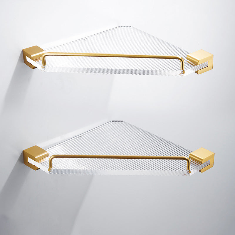 Bathroom Accessory Set in Gold Metal and Acrylic Bath Hardware Set 2-Piece Set (Triangular Bath Shelf) Clearhalo 'Bathroom Hardware Sets' 'Bathroom Hardware' 'Bathroom Remodel & Bathroom Fixtures' 'bathroom_hardware_sets' 'Home Improvement' 'home_improvement' 'home_improvement_bathroom_hardware_sets' 6998152