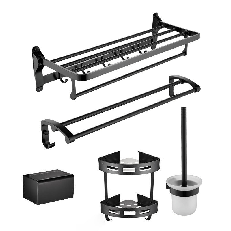 Contemporary Metal 5 - Piece Bathroom Accessory Set with Bath Shelf Black 5 piece Set Clearhalo 'Bathroom Hardware Sets' 'Bathroom Hardware' 'Bathroom Remodel & Bathroom Fixtures' 'bathroom_hardware_sets' 'Home Improvement' 'home_improvement' 'home_improvement_bathroom_hardware_sets' 6998217