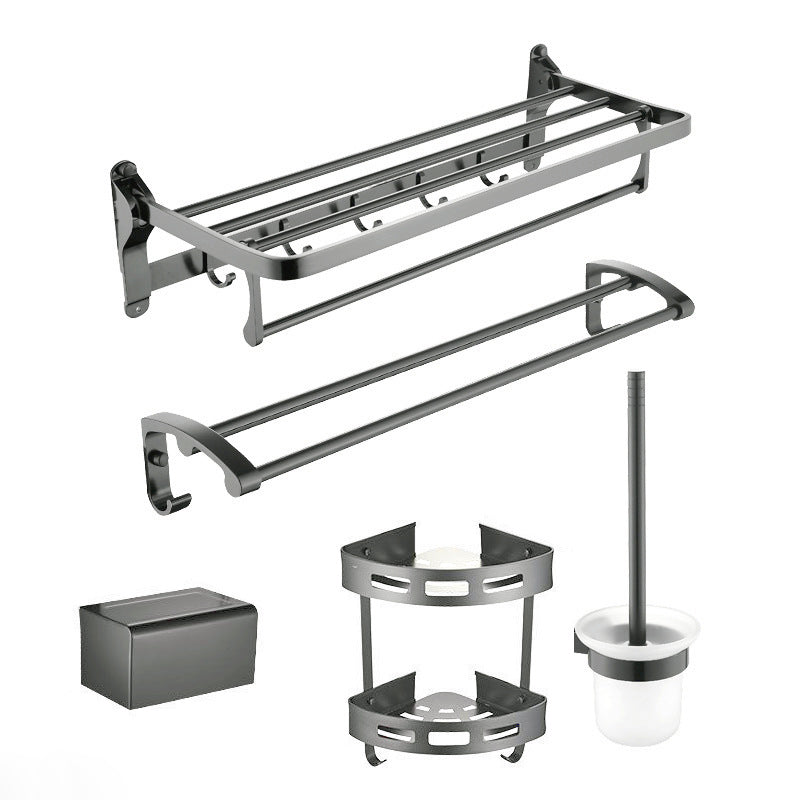 Contemporary Metal 5 - Piece Bathroom Accessory Set with Bath Shelf Grey 5 piece Set Clearhalo 'Bathroom Hardware Sets' 'Bathroom Hardware' 'Bathroom Remodel & Bathroom Fixtures' 'bathroom_hardware_sets' 'Home Improvement' 'home_improvement' 'home_improvement_bathroom_hardware_sets' 6998218