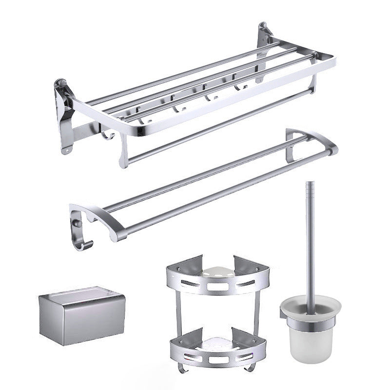 Contemporary Metal 5 - Piece Bathroom Accessory Set with Bath Shelf Silver 5 piece Set Clearhalo 'Bathroom Hardware Sets' 'Bathroom Hardware' 'Bathroom Remodel & Bathroom Fixtures' 'bathroom_hardware_sets' 'Home Improvement' 'home_improvement' 'home_improvement_bathroom_hardware_sets' 6998220