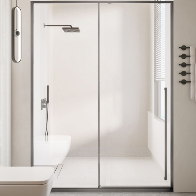 Semi Frameless Single Sliding Shower Door Tempered Glass Shower Door Gun Grey Left Clearhalo 'Bathroom Remodel & Bathroom Fixtures' 'Home Improvement' 'home_improvement' 'home_improvement_shower_tub_doors' 'Shower and Tub Doors' 'shower_tub_doors' 'Showers & Bathtubs' 6998585