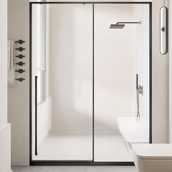 Semi Frameless Single Sliding Shower Door Tempered Glass Shower Door Black Left Clearhalo 'Bathroom Remodel & Bathroom Fixtures' 'Home Improvement' 'home_improvement' 'home_improvement_shower_tub_doors' 'Shower and Tub Doors' 'shower_tub_doors' 'Showers & Bathtubs' 6998587