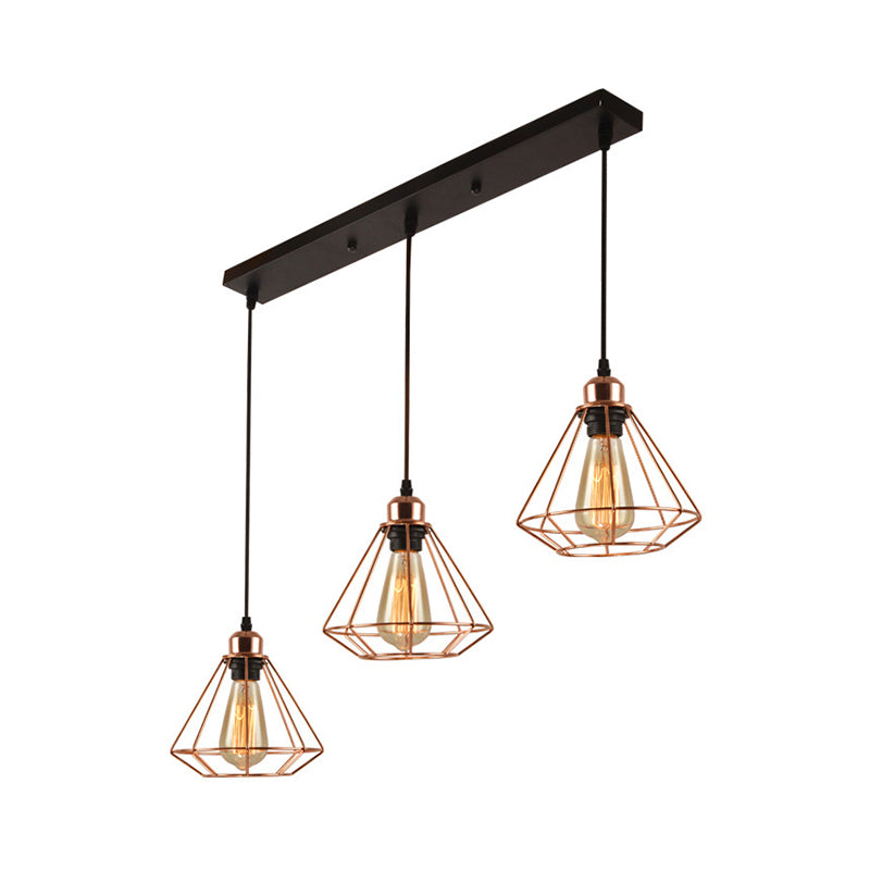 3 Lights Metal Pendant Lamp Loft Style Polished Copper Diamond Caged Indoor Hanging Fixture in Black Finish Clearhalo 'Ceiling Lights' 'Modern Pendants' 'Modern' 'Pendant Lights' 'Pendants' Lighting' 70113